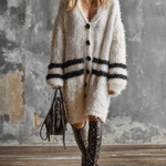 ElevenOra Chic Elegant Off-White V-Neck Single-Breasted Contrast Stripes Long-Sleeve Loose-Fit Fuzzy Knit Midi Dress