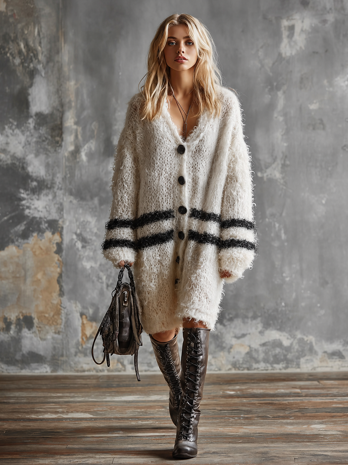ElevenOra Chic Elegant Off-White V-Neck Single-Breasted Contrast Stripes Long-Sleeve Loose-Fit Fuzzy Knit Midi Dress