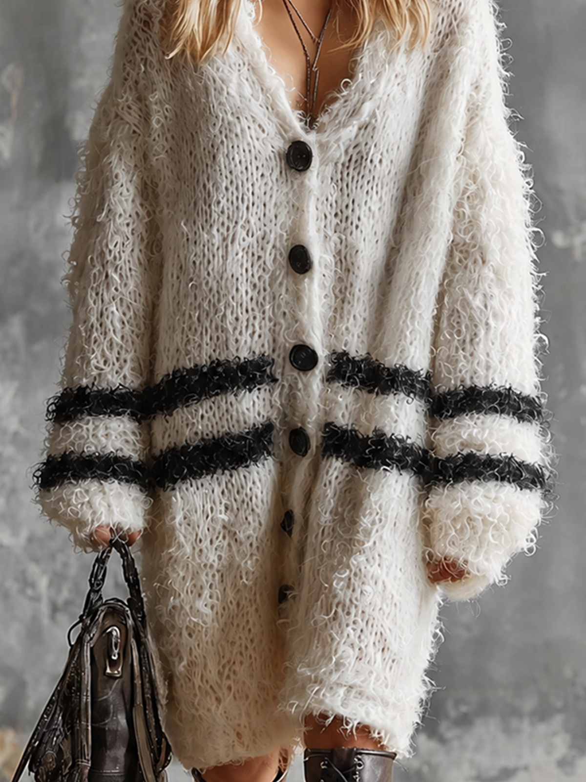 ElevenOra Chic Elegant Off-White V-Neck Single-Breasted Contrast Stripes Long-Sleeve Loose-Fit Fuzzy Knit Midi Dress