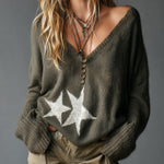 ElevenOra Chic Casual Army-Green V-Neck Decorative Buttons Dropped Shoulder Long-Sleeve Star Jacquard Loose-Fit Soft Knit Sweater