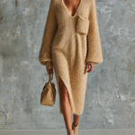 ElevenOra Chic Elegant Camel V-Neck Front Patch Pocket Long-Sleeve Loose-Fit Side Slit Fuzzy Knit Midi Dress