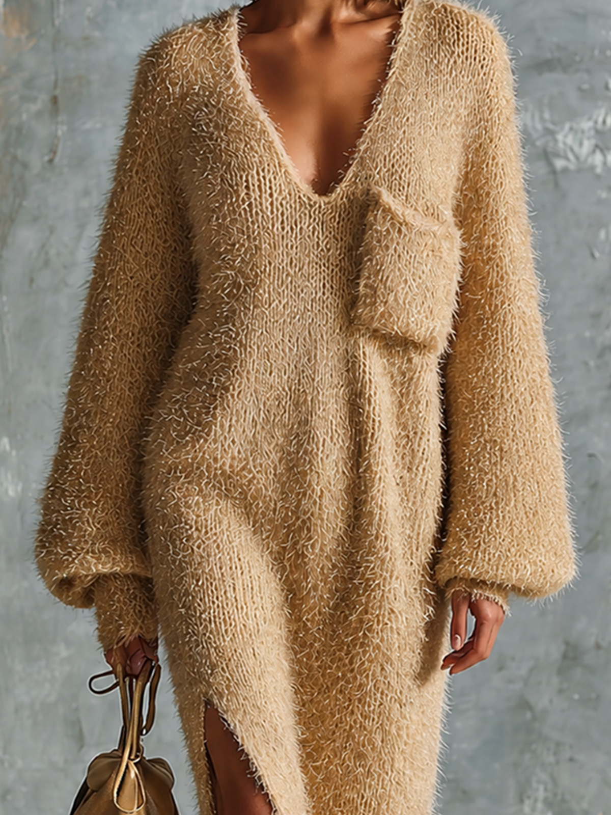 ElevenOra Chic Elegant Camel V-Neck Front Patch Pocket Long-Sleeve Loose-Fit Side Slit Fuzzy Knit Midi Dress