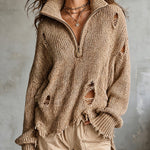 ElevenOra Chic Casual Camel Zip-Up Stand-Collar Dropped Shoulder Long-Sleeve Distressed Raw-Edge Detail Loose-Fit Knit Sweater