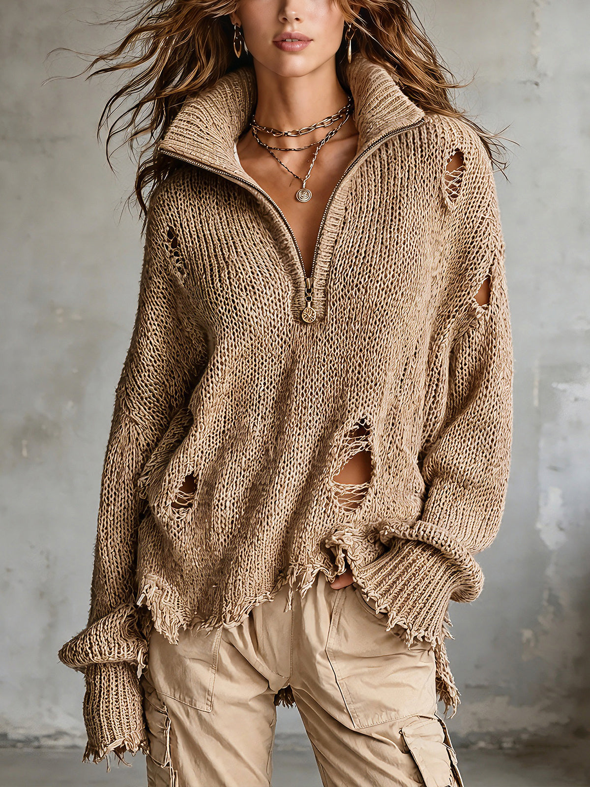 ElevenOra Chic Casual Camel Zip-Up Stand-Collar Dropped Shoulder Long-Sleeve Distressed Raw-Edge Detail Loose-Fit Knit Sweater