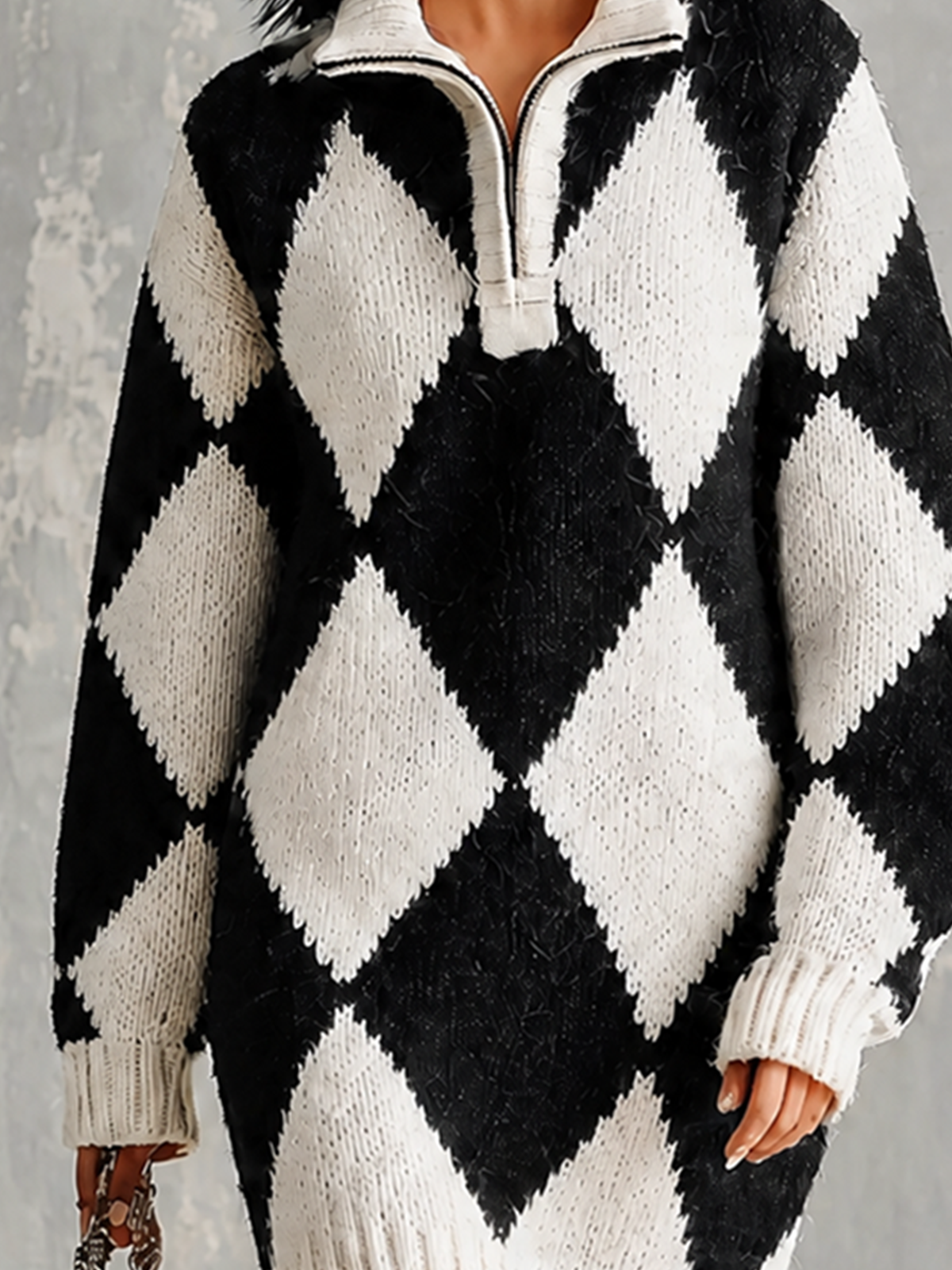 ElevenOra Chic Elegant Black-White Argyle Diamond Jacquard Lapel Collar Zipper-Up Long-Sleeve Loose-Fit Knit Mini Dress