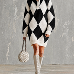 ElevenOra Chic Elegant Black-White Argyle Diamond Jacquard Lapel Collar Zipper-Up Long-Sleeve Loose-Fit Knit Mini Dress