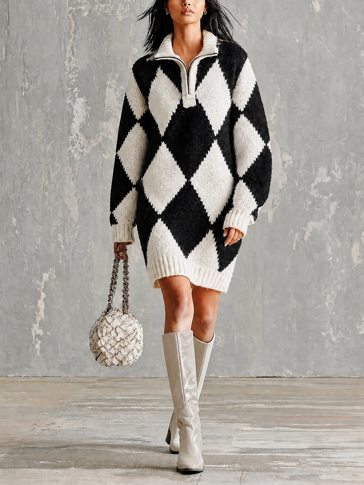 ElevenOra Chic Elegant Black-White Argyle Diamond Jacquard Lapel Collar Zipper-Up Long-Sleeve Loose-Fit Knit Mini Dress