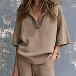ElevenOra Chic Casual Camel Lapel V-Neck Dropped Shoulder Short-Sleeve Oversize Soft Knit Sweater Top