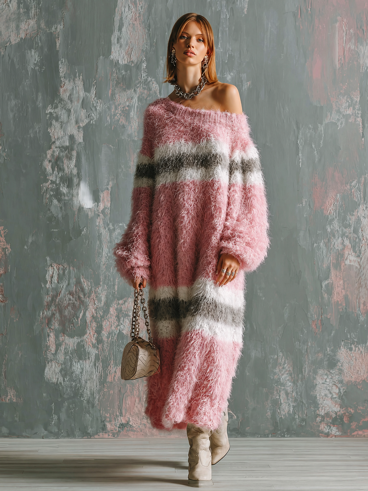 ElevenOra Chic Elegant Pink-White-Charcoal Gray Colorblock Stripes Off Shoulder Long-Sleeve Loose-Fit Knit Maxi Dress