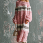 ElevenOra Chic Elegant Pink-White-Charcoal Gray Colorblock Stripes Off Shoulder Long-Sleeve Loose-Fit Knit Maxi Dress