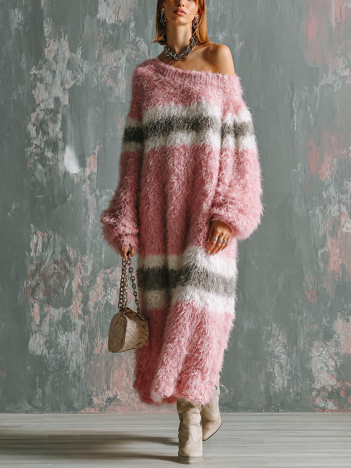 ElevenOra Chic Elegant Pink-White-Charcoal Gray Colorblock Stripes Off Shoulder Long-Sleeve Loose-Fit Knit Maxi Dress
