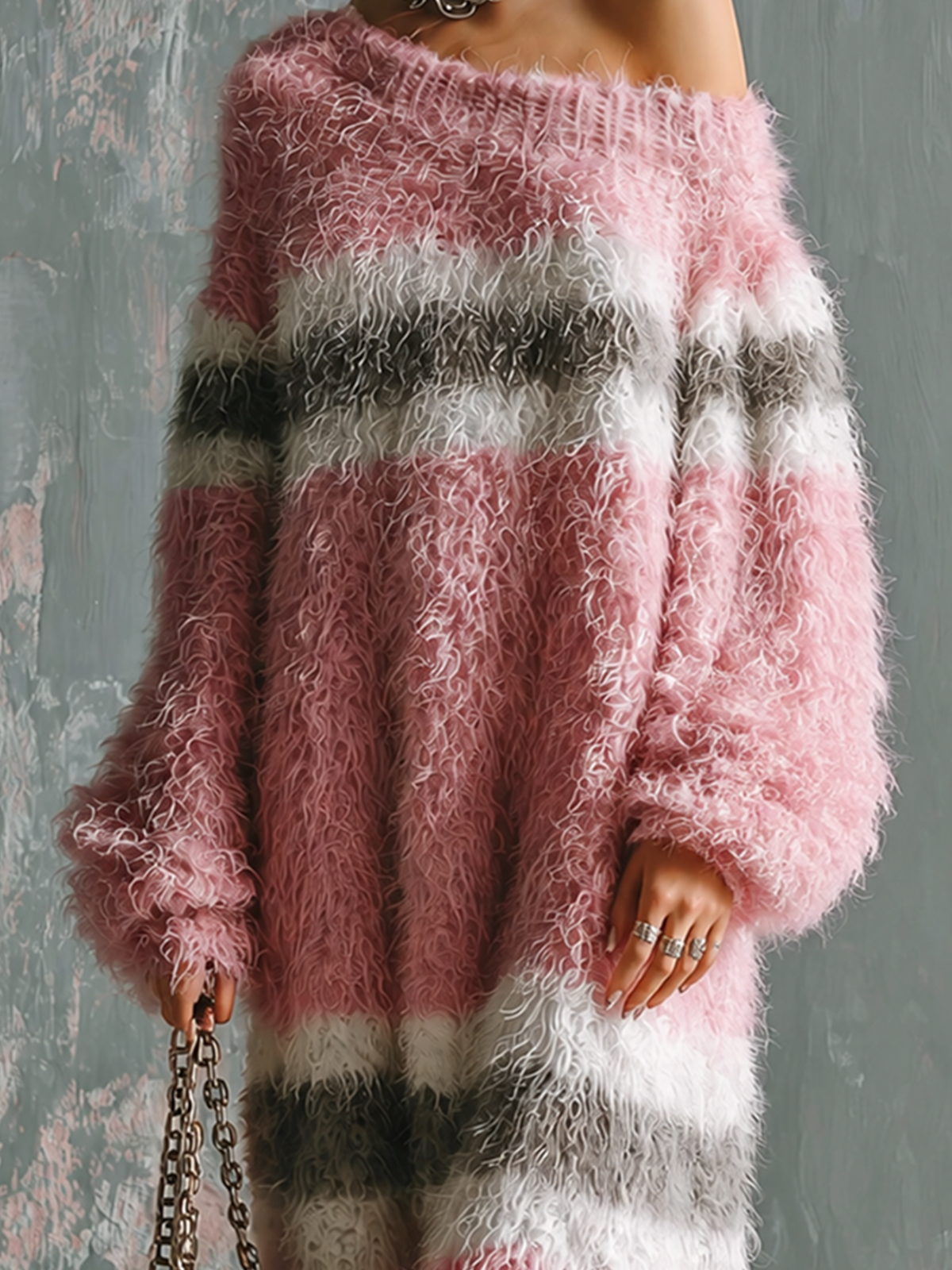 ElevenOra Chic Elegant Pink-White-Charcoal Gray Colorblock Stripes Off Shoulder Long-Sleeve Loose-Fit Knit Maxi Dress