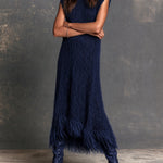 ElevenOra Chic Elegant Navy Blue Turtleneck Sleeveless Fringe Detail Loose-Fit A-Line Fuzzy Knit Maxi Dress