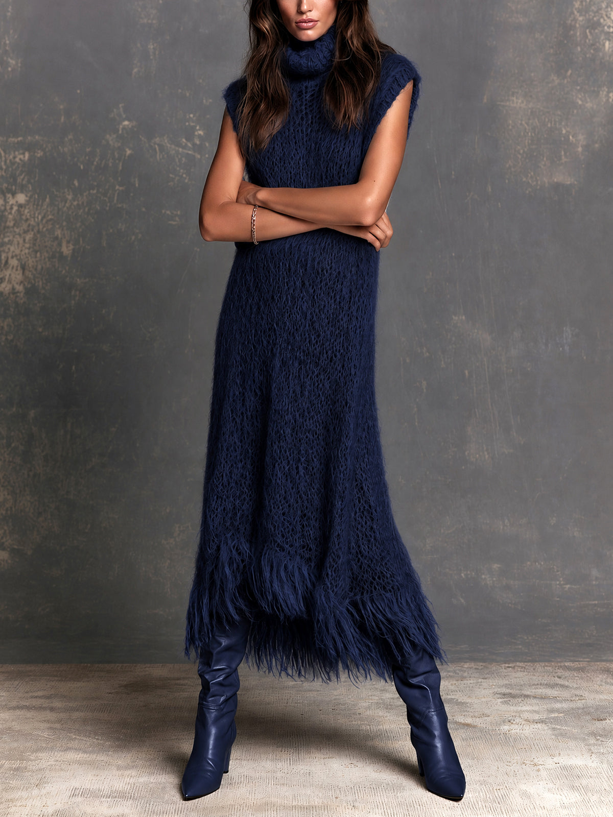 ElevenOra Chic Elegant Navy Blue Turtleneck Sleeveless Fringe Detail Loose-Fit A-Line Fuzzy Knit Maxi Dress
