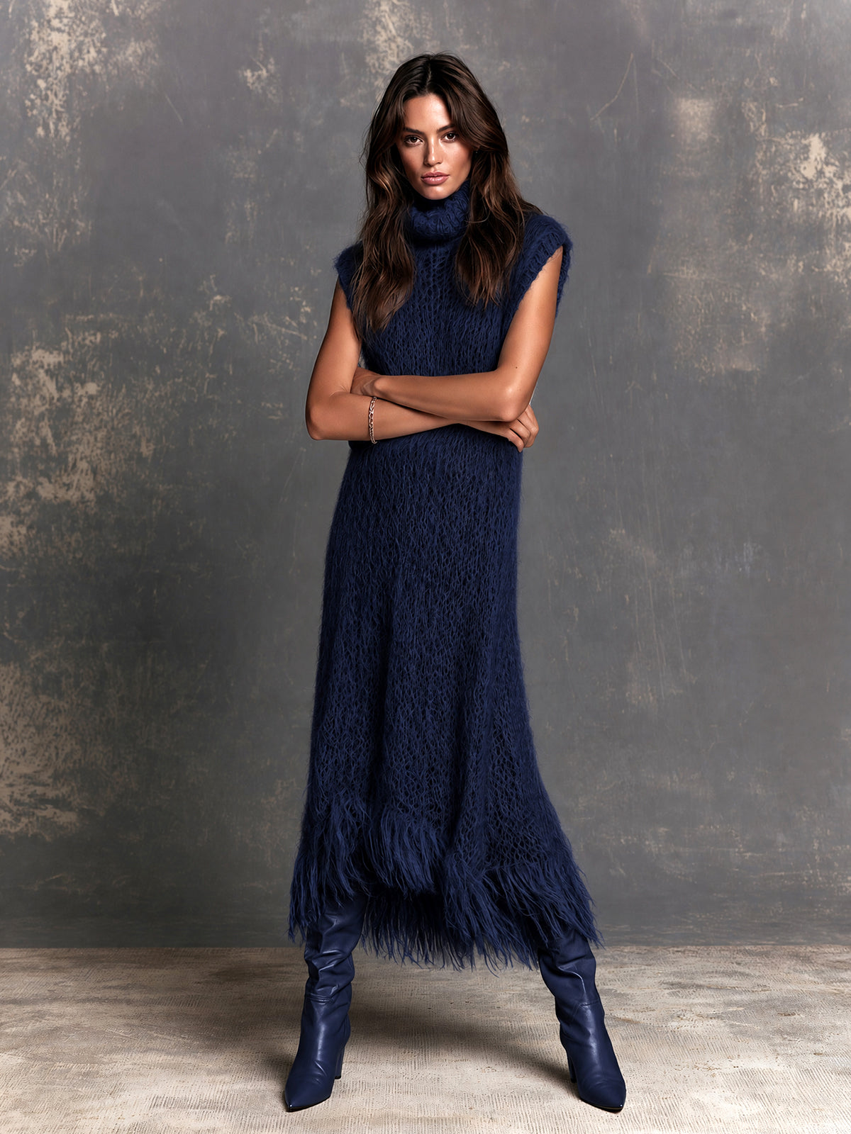 ElevenOra Chic Elegant Navy Blue Turtleneck Sleeveless Fringe Detail Loose-Fit A-Line Fuzzy Knit Maxi Dress
