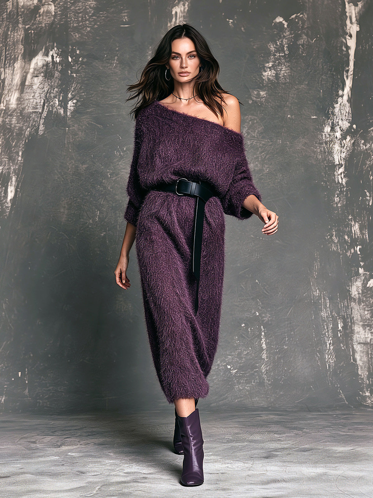 ElevenOra Chic Elegant Purple One-Shoulder Three-Quarter Sleeve Belted Loose-Fit Soft Fuzzy Knit Midi Dress