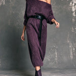 ElevenOra Chic Elegant Purple One-Shoulder Three-Quarter Sleeve Belted Loose-Fit Soft Fuzzy Knit Midi Dress