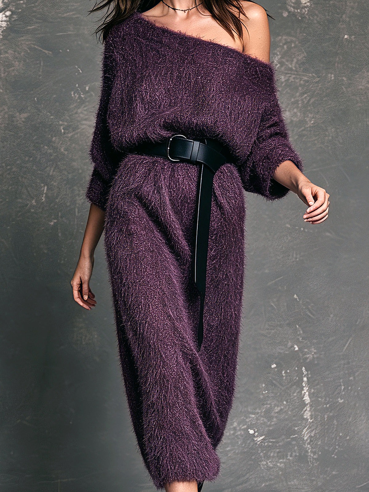 ElevenOra Chic Elegant Purple One-Shoulder Three-Quarter Sleeve Belted Loose-Fit Soft Fuzzy Knit Midi Dress