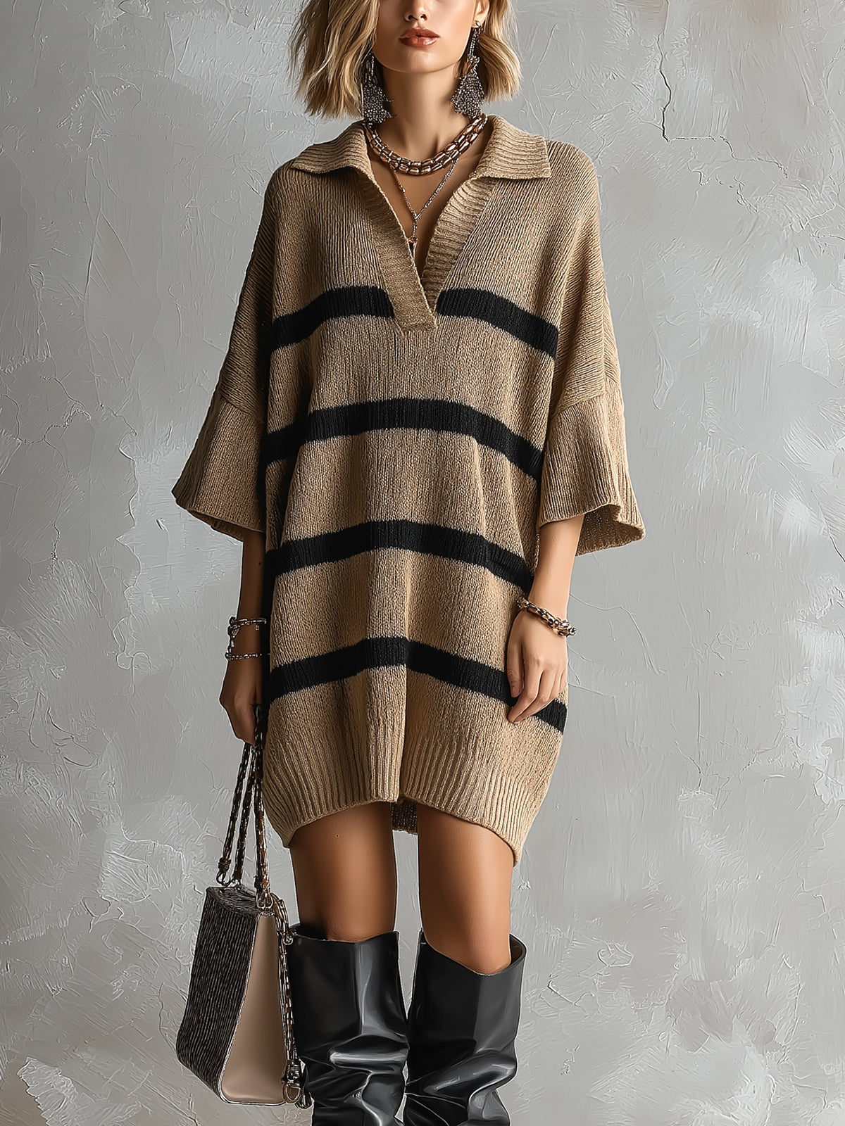 ElevenOra Chic Elegant Camel-Black Stripes Lapel V-Neck Dropped Shoulder Three-Quarter Sleeve Oversize Knit Mini Dress