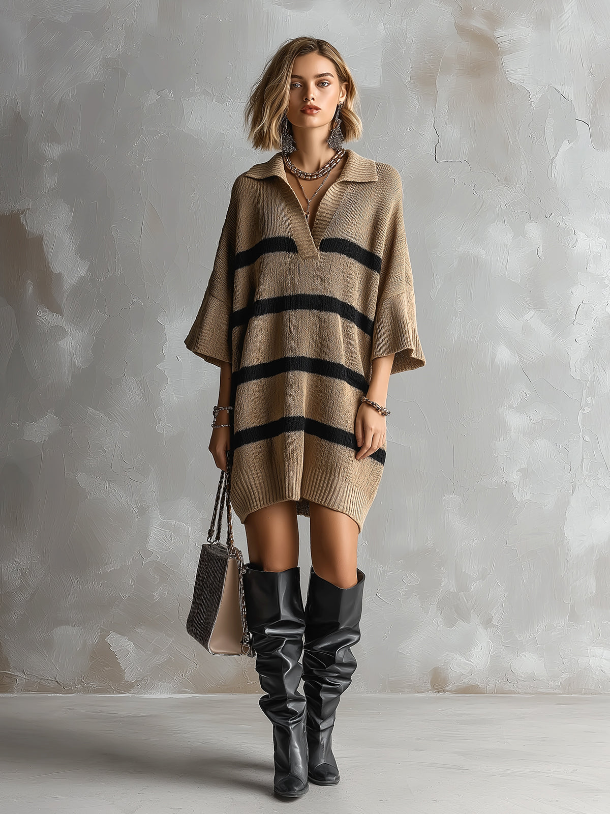 ElevenOra Chic Elegant Camel-Black Stripes Lapel V-Neck Dropped Shoulder Three-Quarter Sleeve Oversize Knit Mini Dress