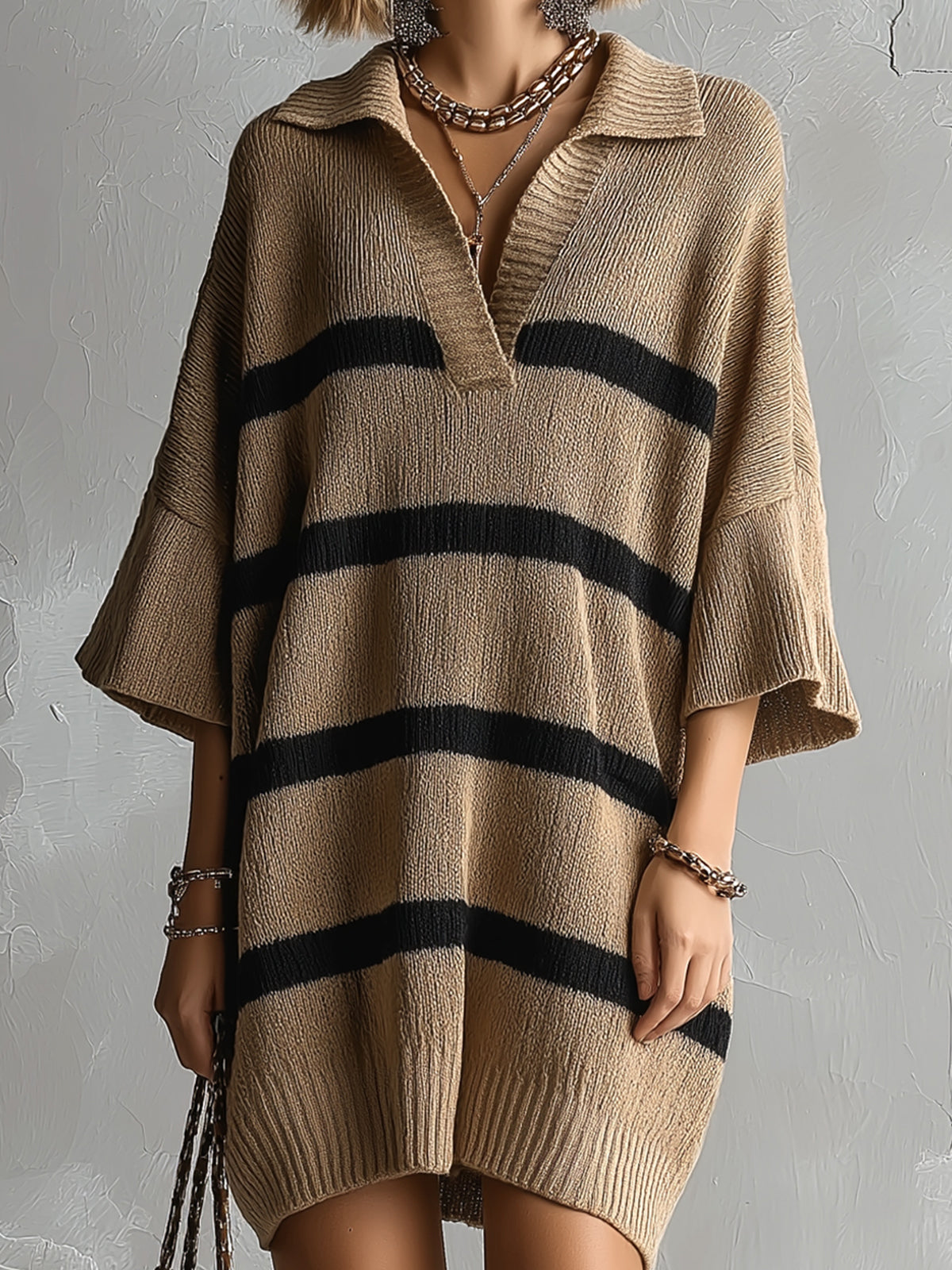 ElevenOra Chic Elegant Camel-Black Stripes Lapel V-Neck Dropped Shoulder Three-Quarter Sleeve Oversize Knit Mini Dress