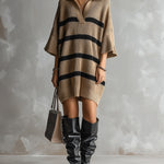 ElevenOra Chic Elegant Camel-Black Stripes Lapel V-Neck Dropped Shoulder Three-Quarter Sleeve Oversize Knit Mini Dress