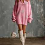 ElevenOra Chic Elegant Pink Stand Collar V-Neck Long-Lantern-Sleeve Stars Jacquard Loose-Fit A-Line Knit Mini Dress