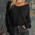 ElevenOra Chic Elegant Black Off Shoulder V-Neck Scattered Dot Print Long-Sleeve Loose-Fit Knit Sweater Top
