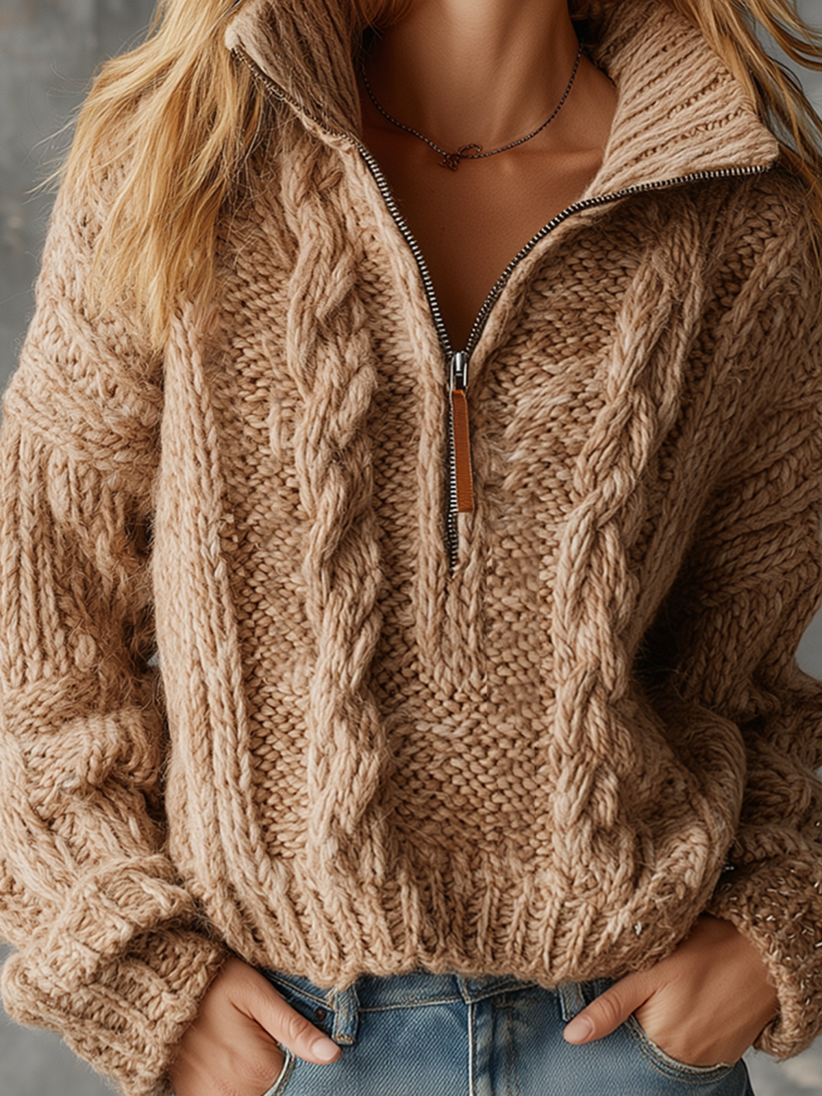 ElevenOra Chic Elegant Camel Zipper-Up Stand Collar Long-Sleeve Loose-Fit Cable Knit Sweater Top