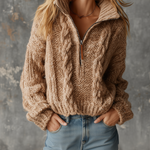 ElevenOra Chic Elegant Camel Zipper-Up Stand Collar Long-Sleeve Loose-Fit Cable Knit Sweater Top