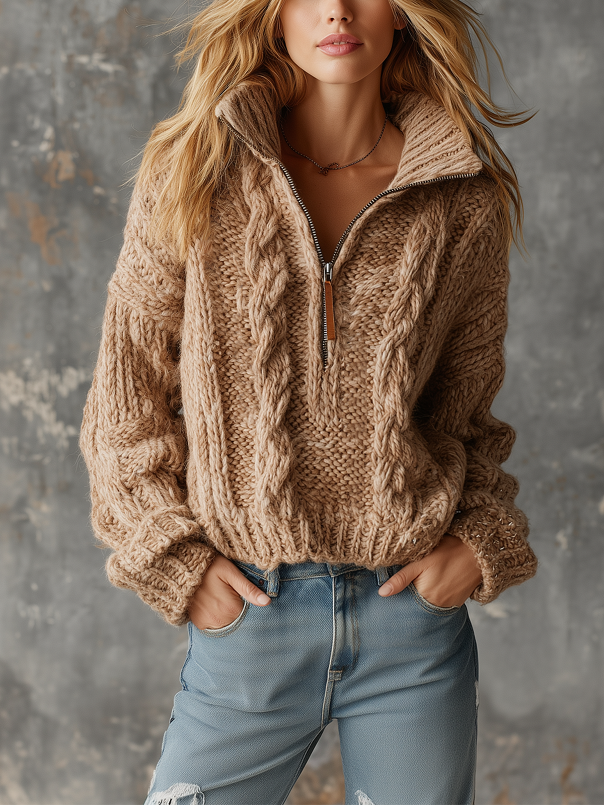 ElevenOra Chic Elegant Camel Zipper-Up Stand Collar Long-Sleeve Loose-Fit Cable Knit Sweater Top