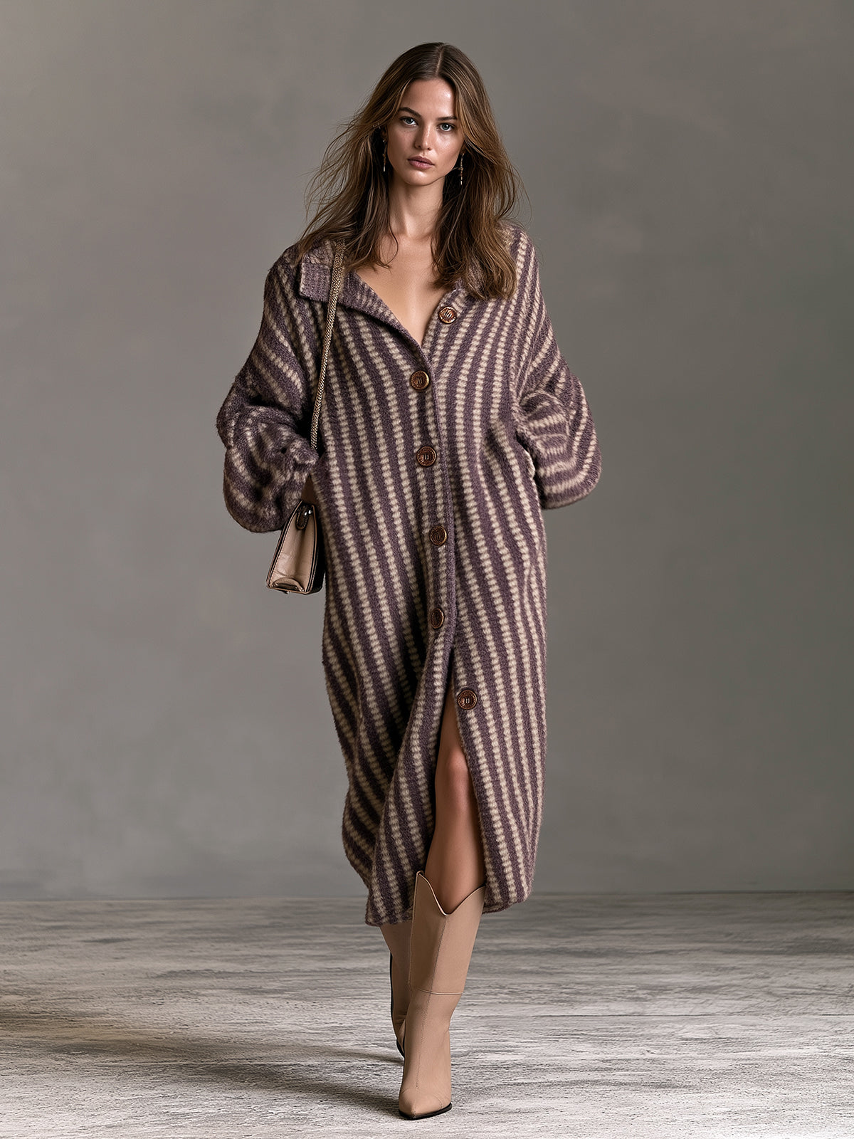 ElevenOra Chic Elegant Purple-Beige Stripes Stand Collar Long-Lantern-Sleeve Single-Breasted Oversize Soft Knit Midi Dress