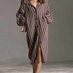 ElevenOra Chic Elegant Purple-Beige Stripes Stand Collar Long-Lantern-Sleeve Single-Breasted Oversize Soft Knit Midi Dress