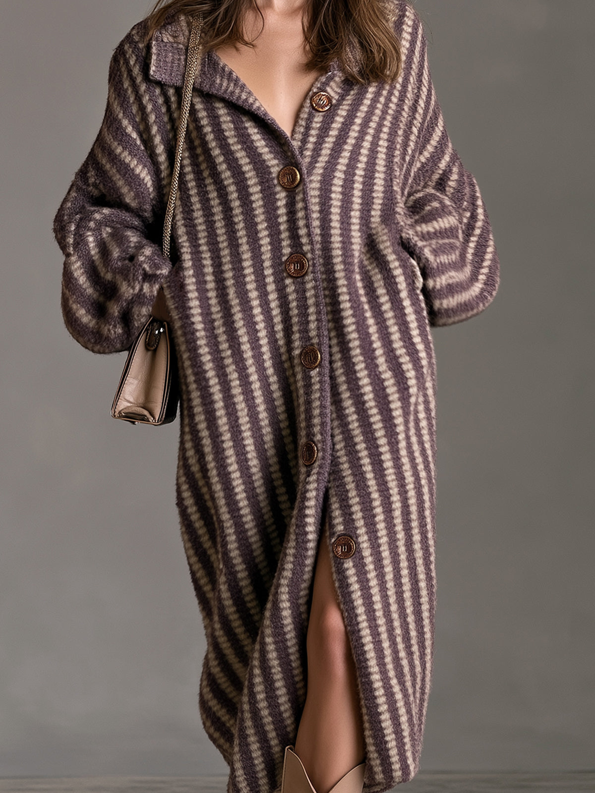 ElevenOra Chic Elegant Purple-Beige Stripes Stand Collar Long-Lantern-Sleeve Single-Breasted Oversize Soft Knit Midi Dress