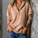 ElevenOra Chic Casual Camel Hooded Half Snap Long Sleeve Loose-Fit French Terry Sweatshirt