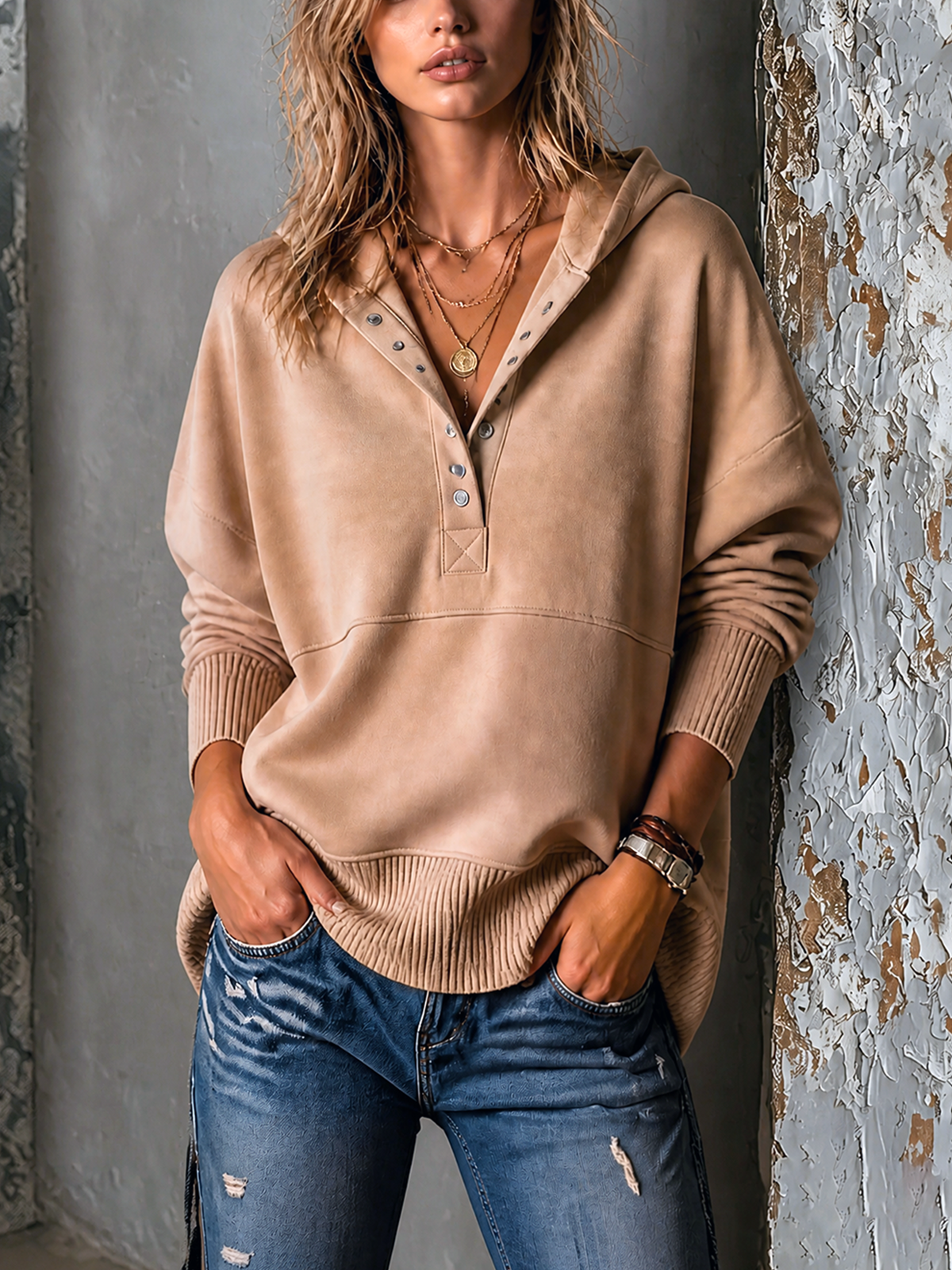 ElevenOra Chic Casual Camel Hooded Half Snap Long Sleeve Loose-Fit French Terry Sweatshirt