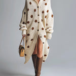 ElevenOra Chic Elegant Beige-Brown Polka Dots Lapel Collar Long-Lantern-Sleeve Single-Breasted Loose-Fit Knit Midi Dress