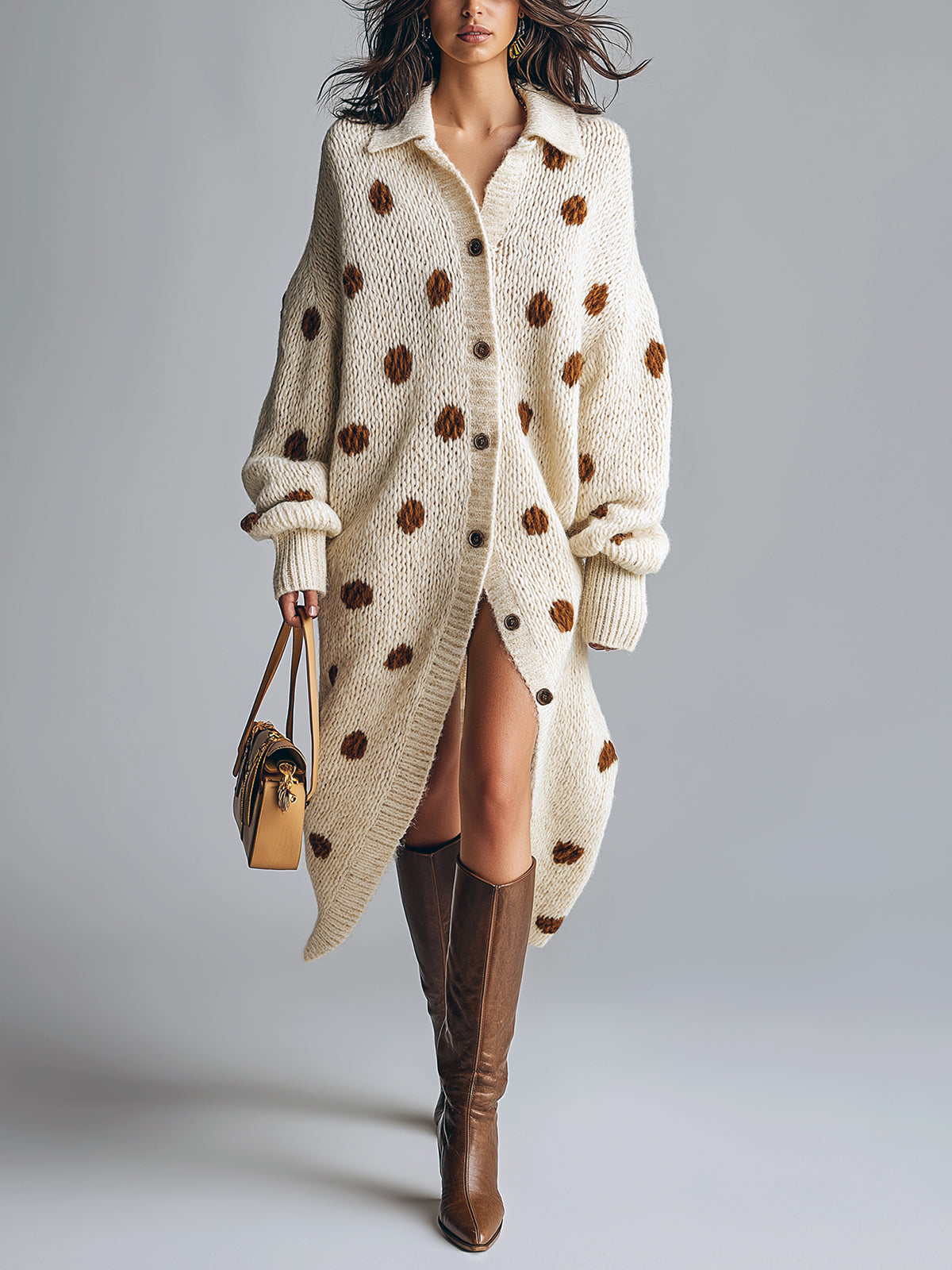 ElevenOra Chic Elegant Beige-Brown Polka Dots Lapel Collar Long-Lantern-Sleeve Single-Breasted Loose-Fit Knit Midi Dress