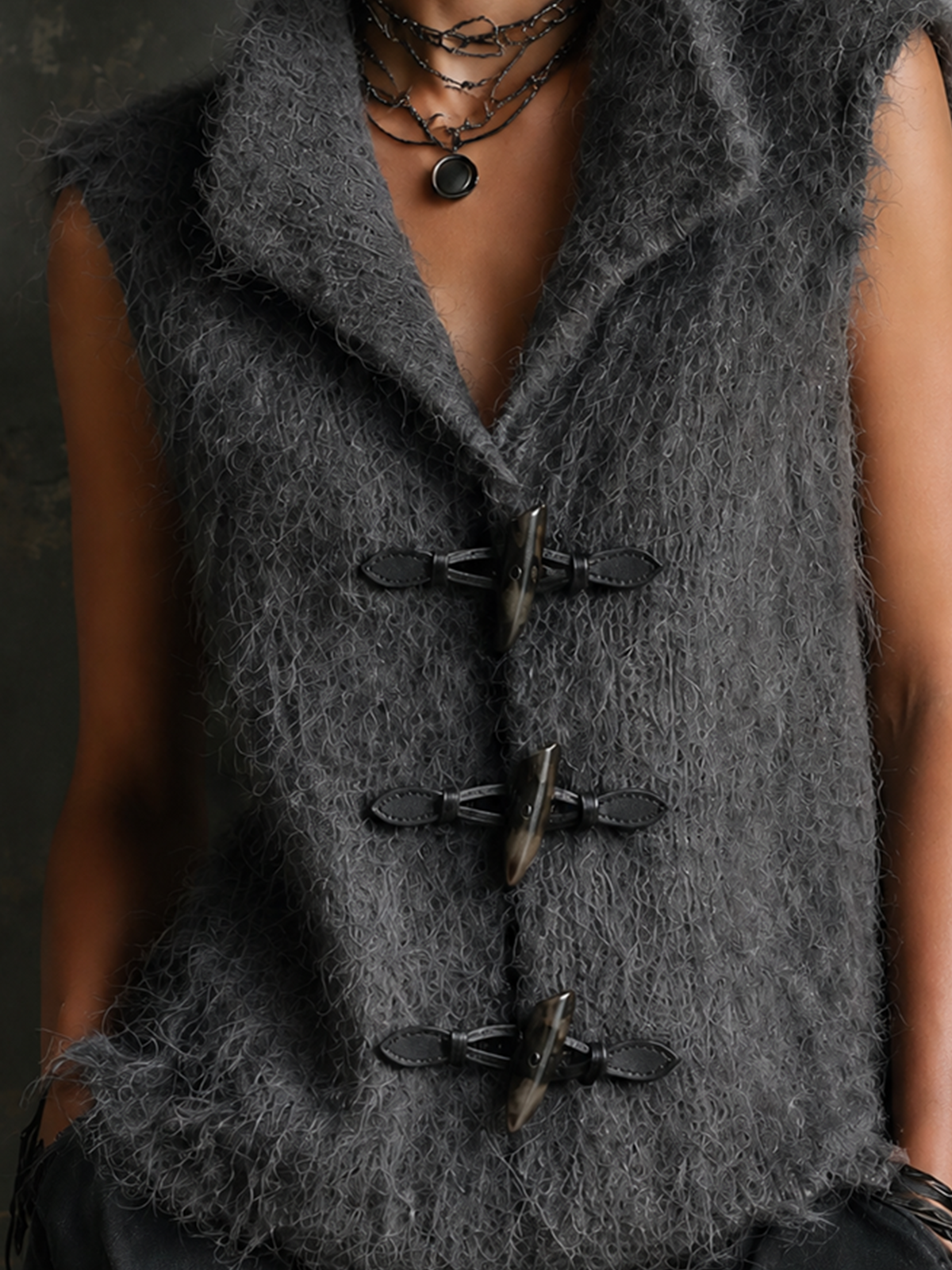 ElevenOra Chic Casual Dark Gray Lapel-Collar Sleeveless Horn Toggle Button Detail Loose-Fit Fuzzy Knit Vest Top