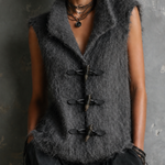 ElevenOra Chic Casual Dark Gray Lapel-Collar Sleeveless Horn Toggle Button Detail Loose-Fit Fuzzy Knit Vest Top