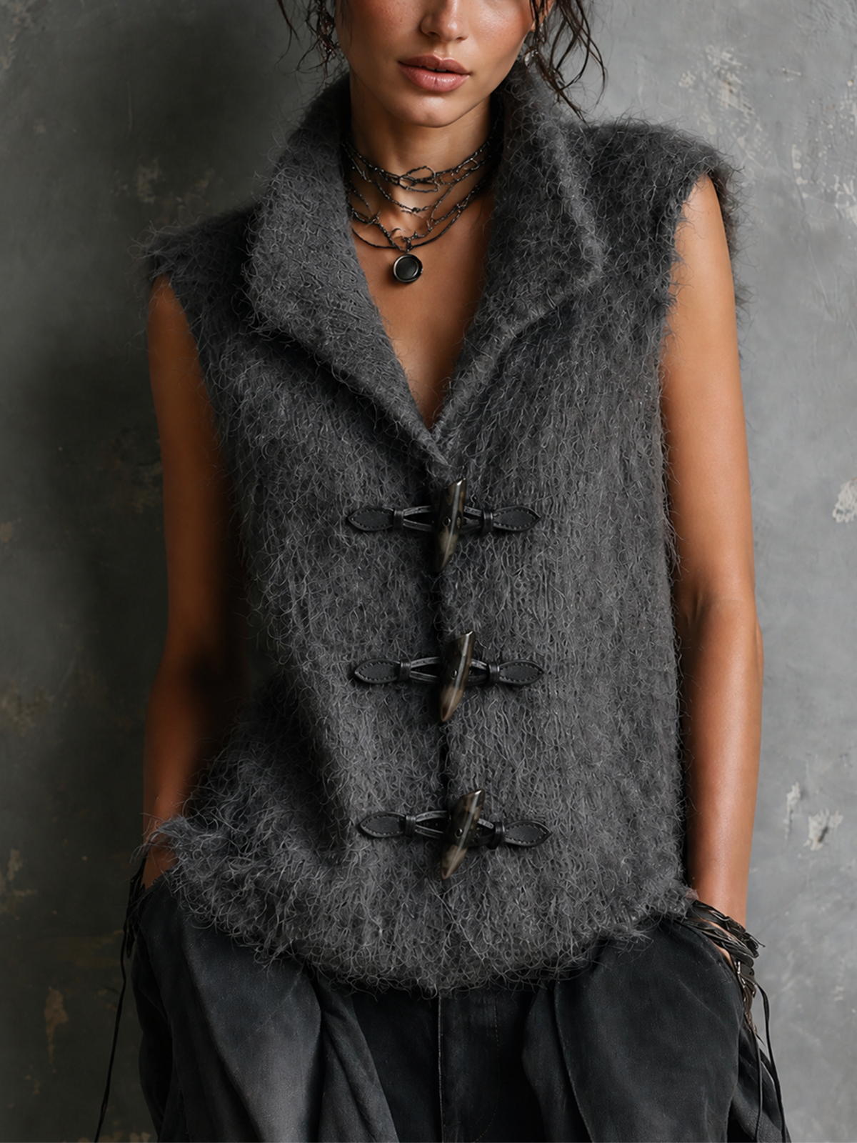 ElevenOra Chic Casual Dark Gray Lapel-Collar Sleeveless Horn Toggle Button Detail Loose-Fit Fuzzy Knit Vest Top