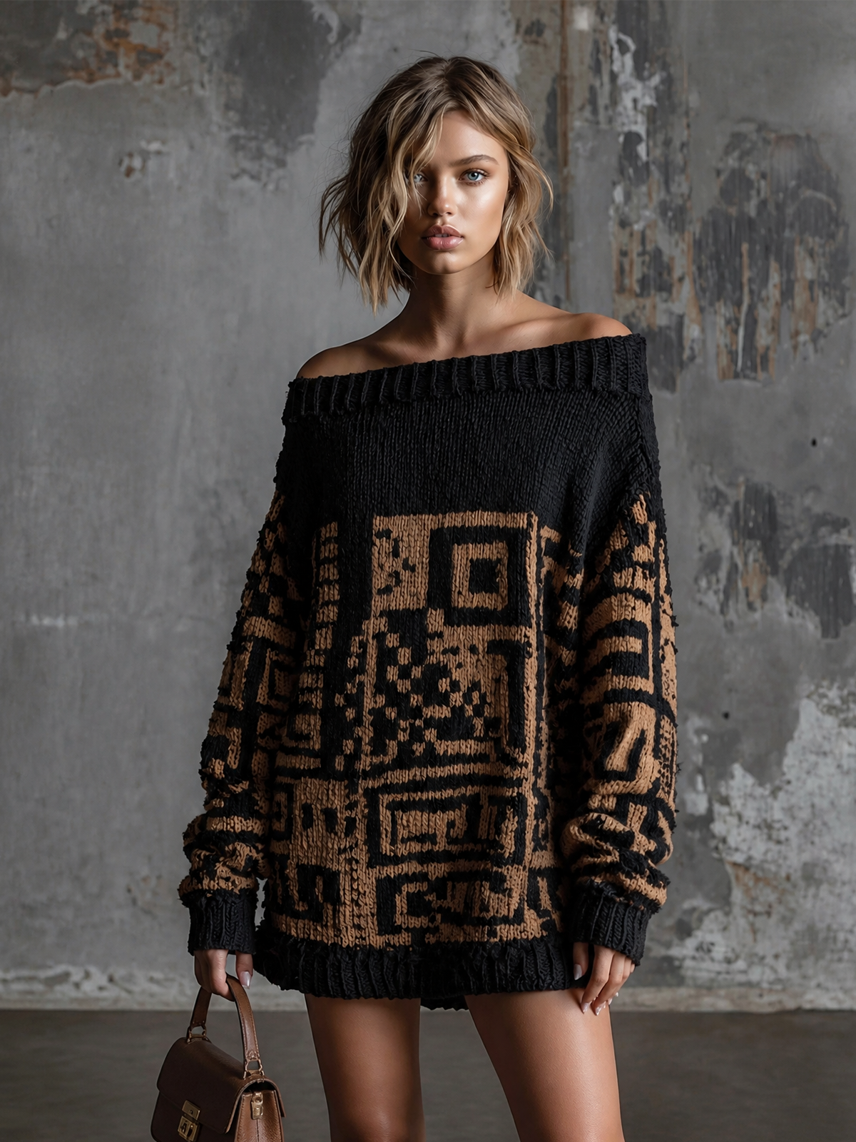 ElevenOra Chic Casual Black-Camel Off Shoulder Dropped Shoulder Long-Sleeve Geometric Jacquard Loose-Fit Knit Mini Dress
