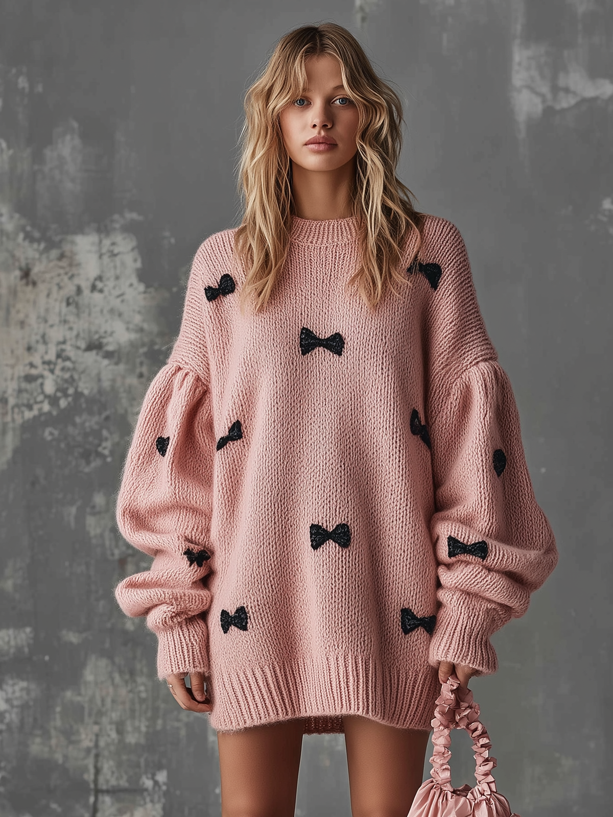 ElevenOra Chic Casual Pink Round-Neck Dropped Shoulder Long-Sleeve Black Bow Detail Loose-Fit Knit Mini Dress
