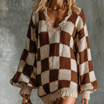 ElevenOra Chic Elegant Brown-Off White Checkerboard Jacquard V-Neck Frayed Raw Edge Long-Sleeve Loose-Fit Knit Mini Dress
