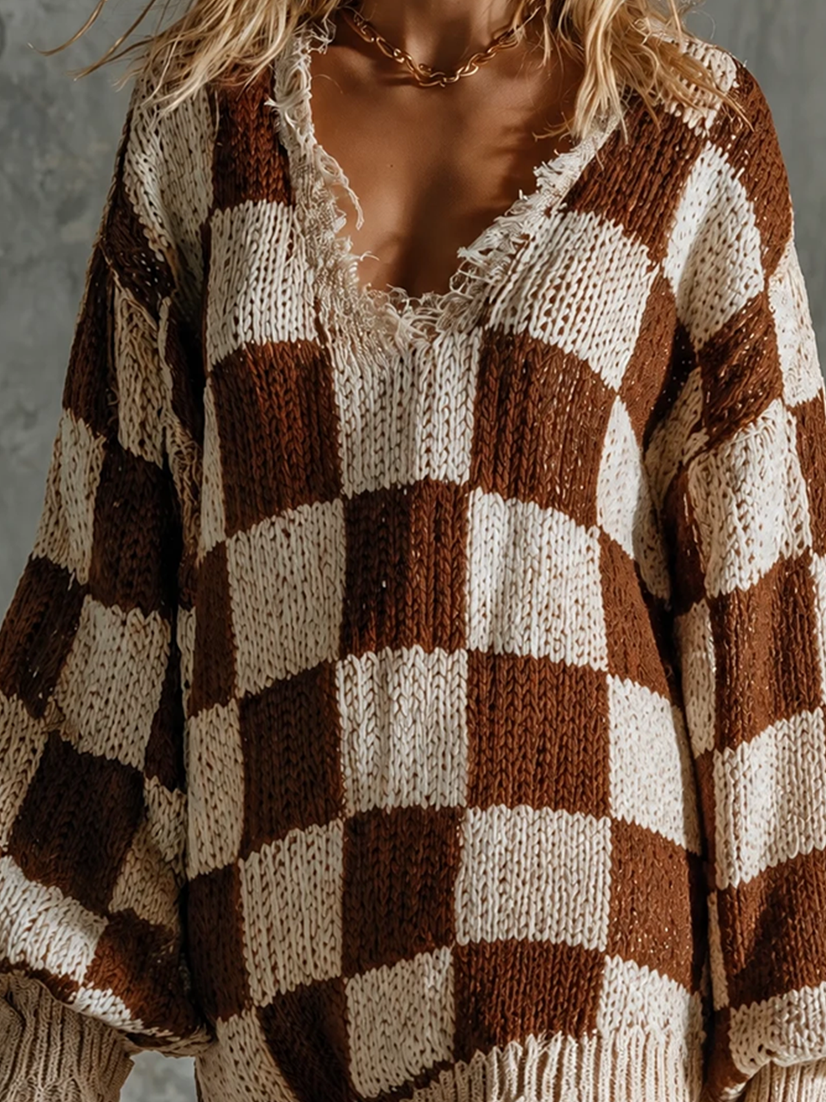 ElevenOra Chic Elegant Brown-Off White Checkerboard Jacquard V-Neck Frayed Raw Edge Long-Sleeve Loose-Fit Knit Mini Dress