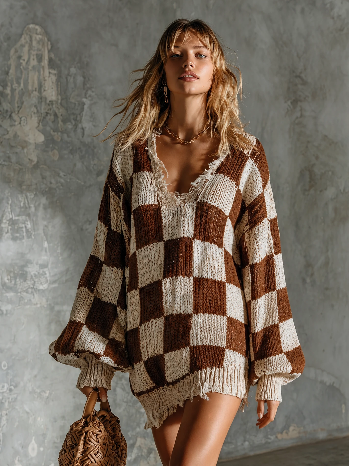 ElevenOra Chic Elegant Brown-Off White Checkerboard Jacquard V-Neck Frayed Raw Edge Long-Sleeve Loose-Fit Knit Mini Dress
