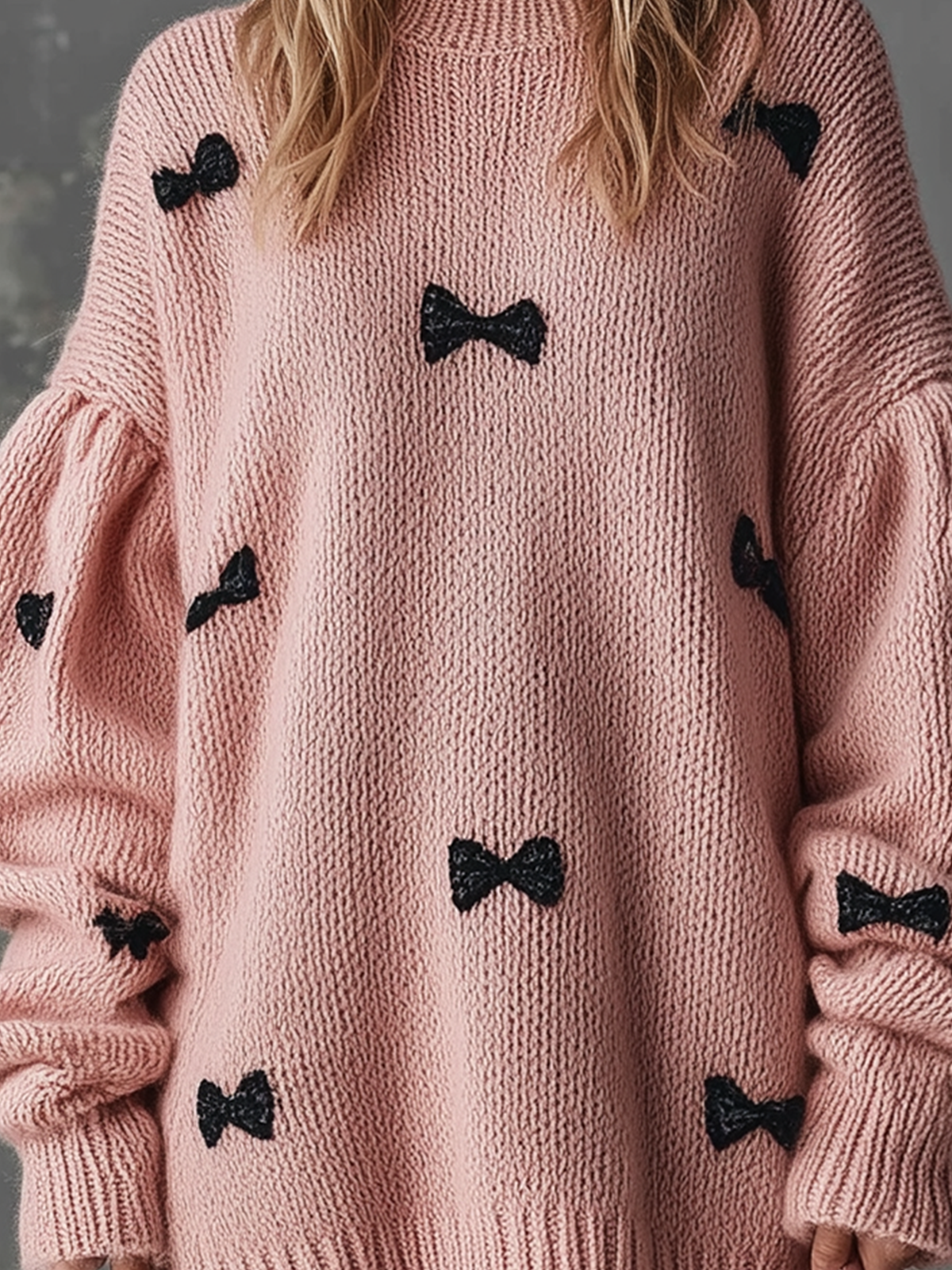 ElevenOra Chic Casual Pink Round-Neck Dropped Shoulder Long-Sleeve Black Bow Detail Loose-Fit Knit Mini Dress