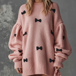 ElevenOra Chic Casual Pink Round-Neck Dropped Shoulder Long-Sleeve Black Bow Detail Loose-Fit Knit Mini Dress