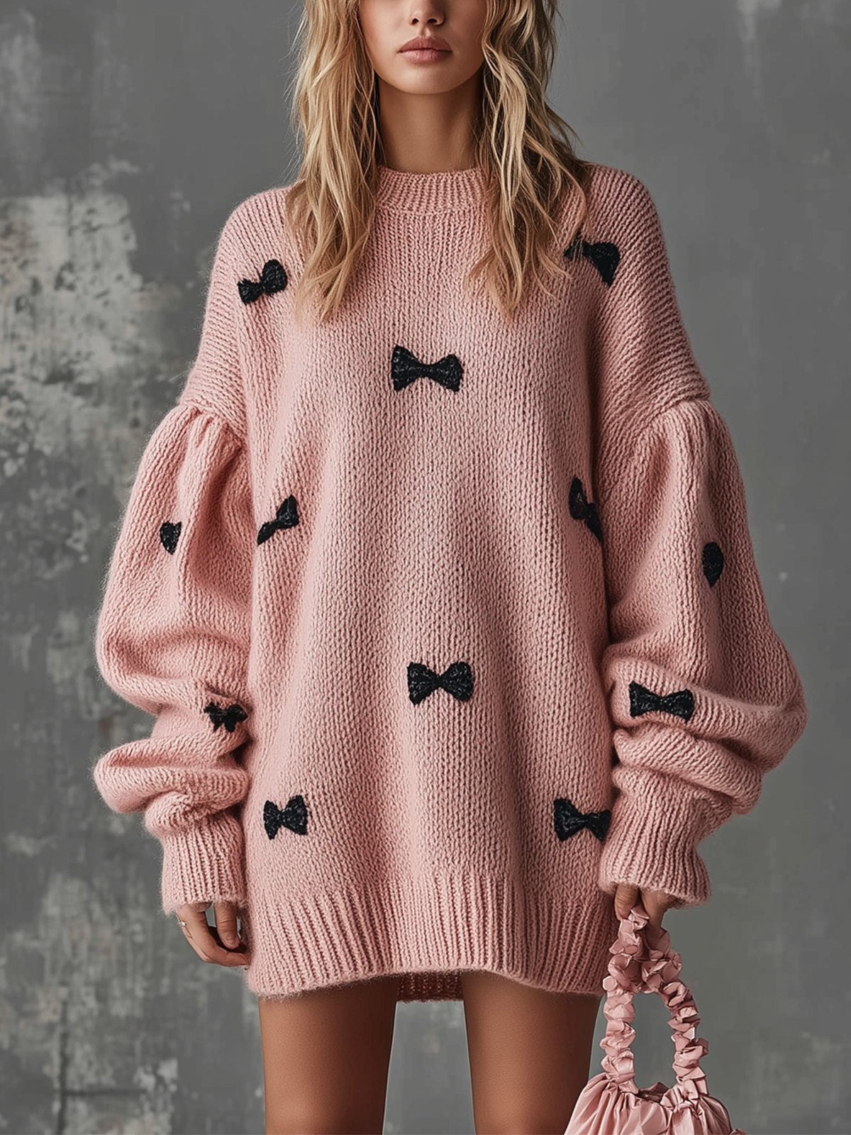 ElevenOra Chic Casual Pink Round-Neck Dropped Shoulder Long-Sleeve Black Bow Detail Loose-Fit Knit Mini Dress