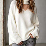 ElevenOra Chic Elegant Cream White V-Neck Dropped Shoulder Long-Sleeve Neck Gaiter Loose-Fit Knit Sweater